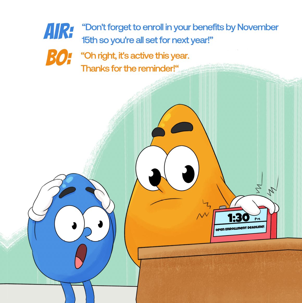 Air and Bo discuss Annual Enrollment — illustrated dialogue from the book